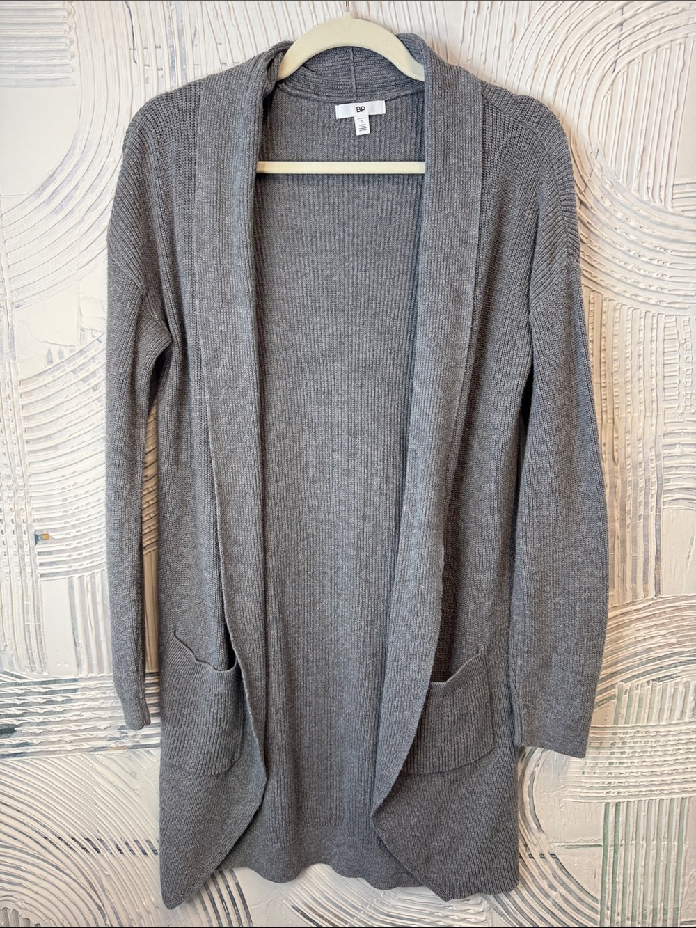 bp Long Open-Front Gray Ribbed Cardigan Shawl with Pockets N0580